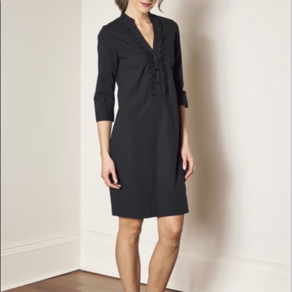 Alex Black Josephine Tailored Shirt Dress Black Ruffle Trim 3/4 Sleeve Size Medi